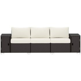 Outsunny 3 Seater Wicker Outdoor Couch Patio Sofa with Storage, Thickened Cushions and Wide Armrests for Porch Yard, Cream White