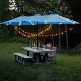 15x9ft Large Double-Sided Rectangular Outdoor Twin Patio Market Umbrella With Light And Base- Blue (Color: Blue)