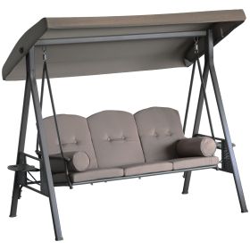 Patio Swing Bench 3-Person Steel Canopy Cushioned With Side Trays Comfortable Brown (Color: Brown)