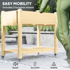Wood Raised Planter Box, Elevated Garden Bed With Lockable Wheels, Side Tables, Bottom Shelf, Drain Holes, Natural (Option: Natural)